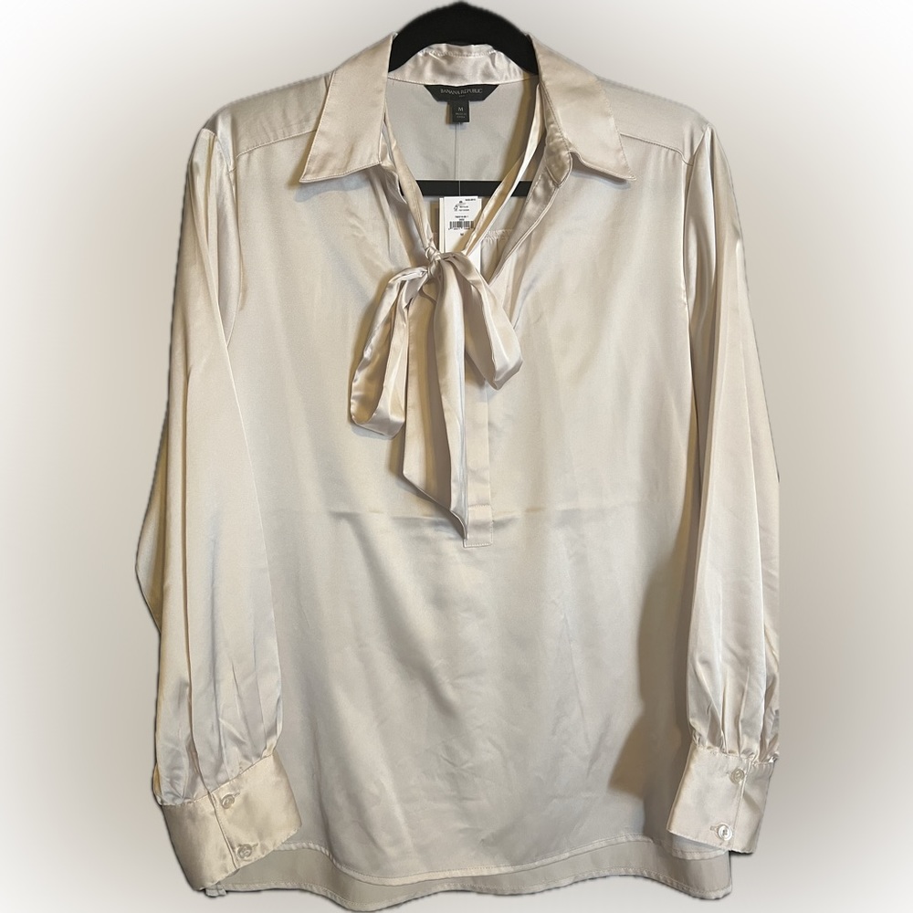 Banana Republic Womens Long Sleeve Cream Tie Neck Blouse